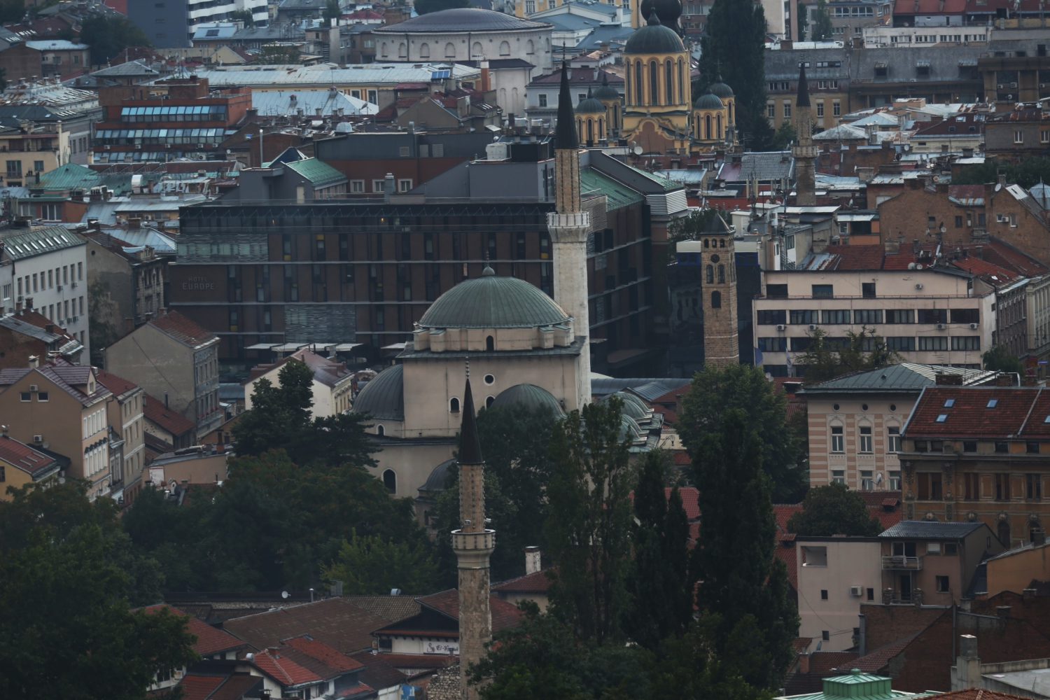 View of Sarajevo's skyline with mosques and historical buildings