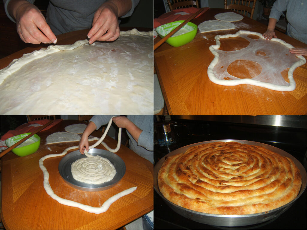 Step-by-step process of making traditional Bosnian burek, from rolling and shaping the dough to baking the final golden spiral.